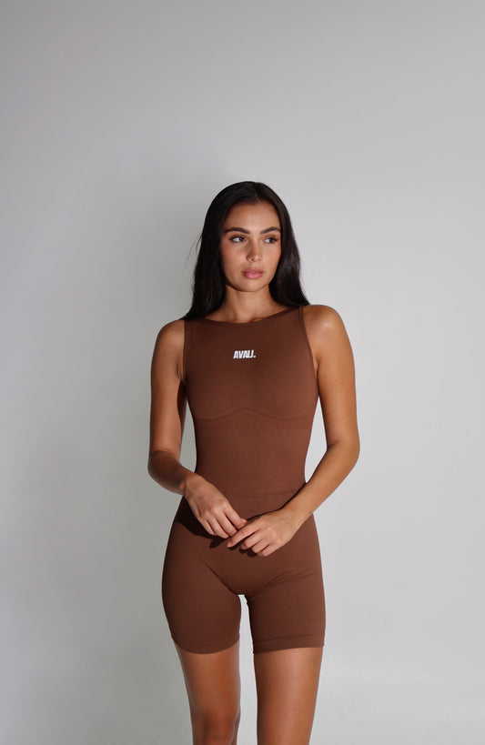 Elevate V Back Romper - Brown