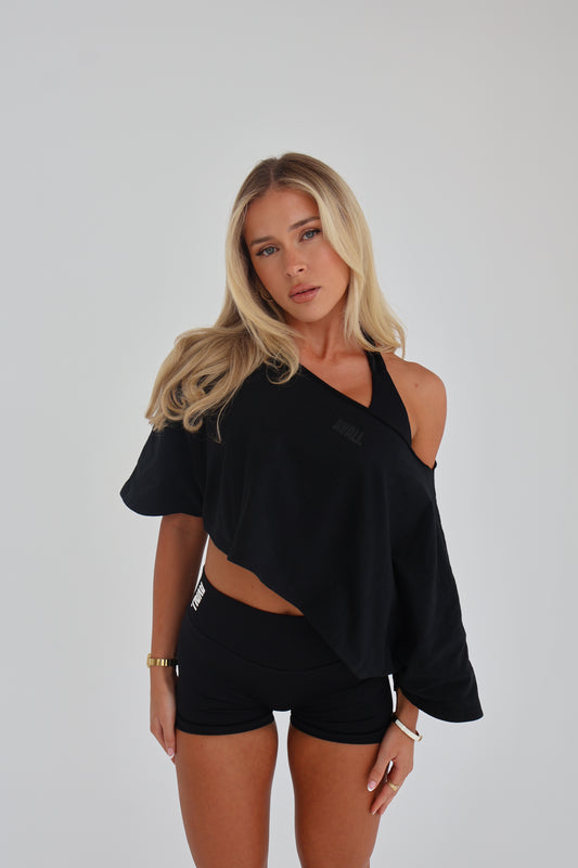Oversized cropped off the shoulder tee - Black